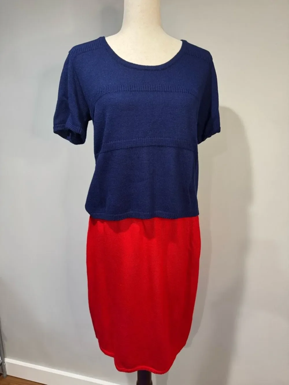 San Remo Vintage Knit Skirt Set Red Navy Striped Cardigan & Shell Petite S/M